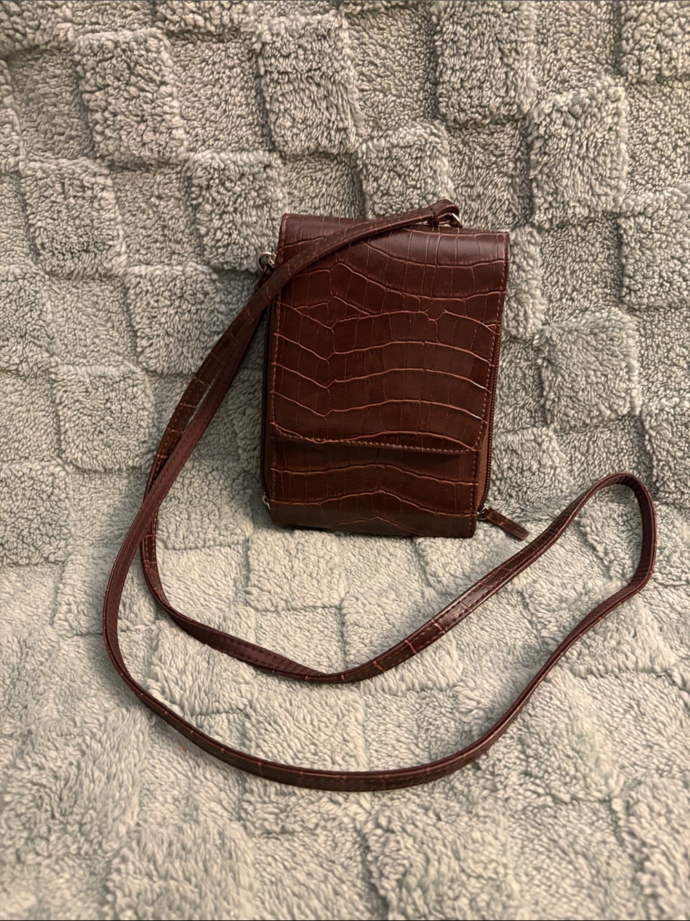 Brown Croc-Embossed Crossbody Bag